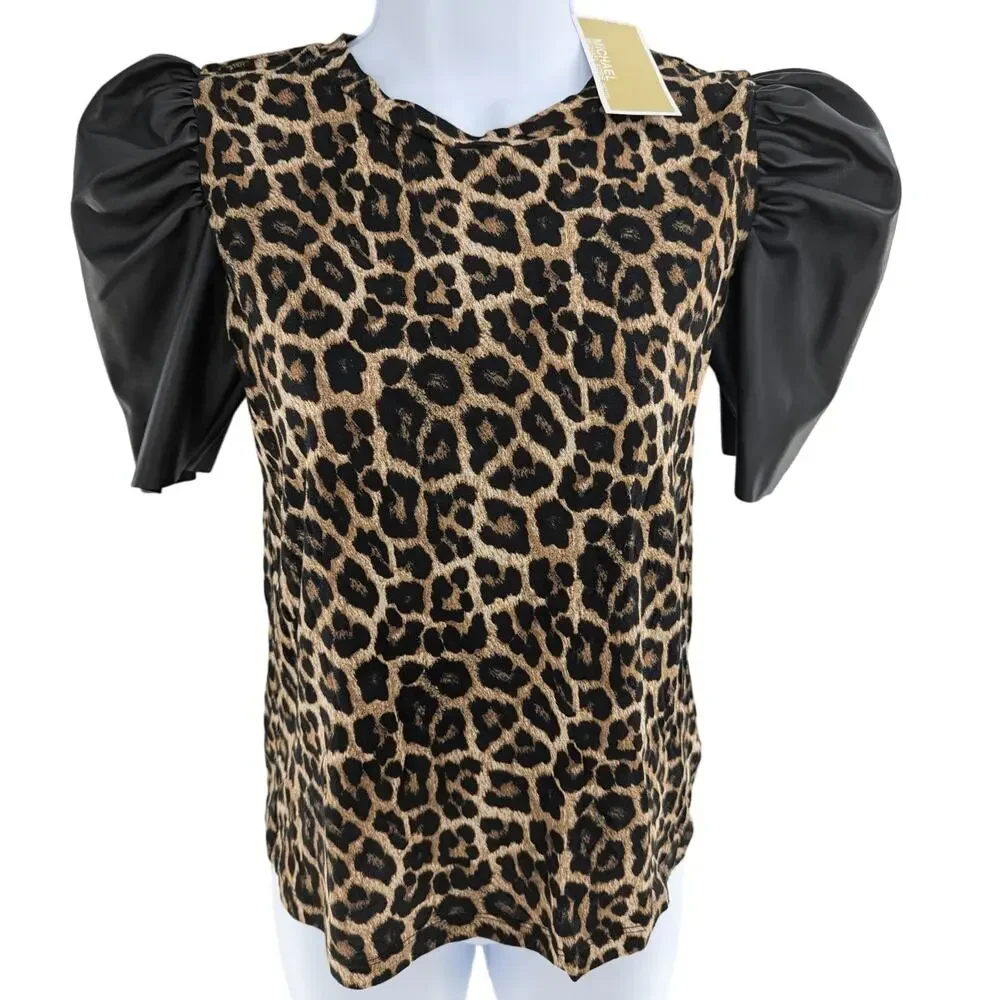 Michael Kors Leopard Print Faux Leather Sleeves Size XS - Picture 5 of 15